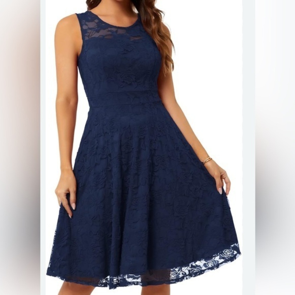 Dressystar Women's Lace Dress Midi Navy Blue Sleeveless Round Neck Layered S
